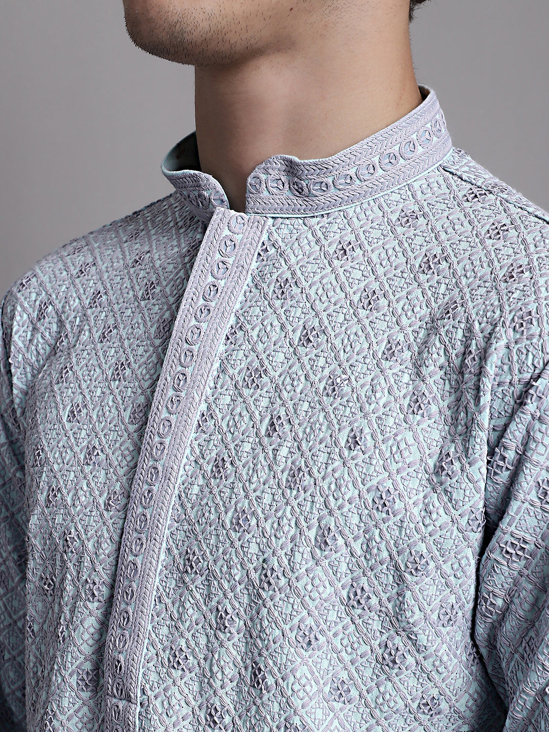 Jompers Men's Blue Chikankari Embroidered and Sequence Kurta | Grocsy