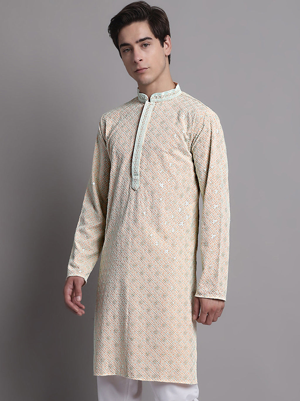 Jompers Men's Peach Chikankari Embroidered and Sequence Kurta | Grocsy