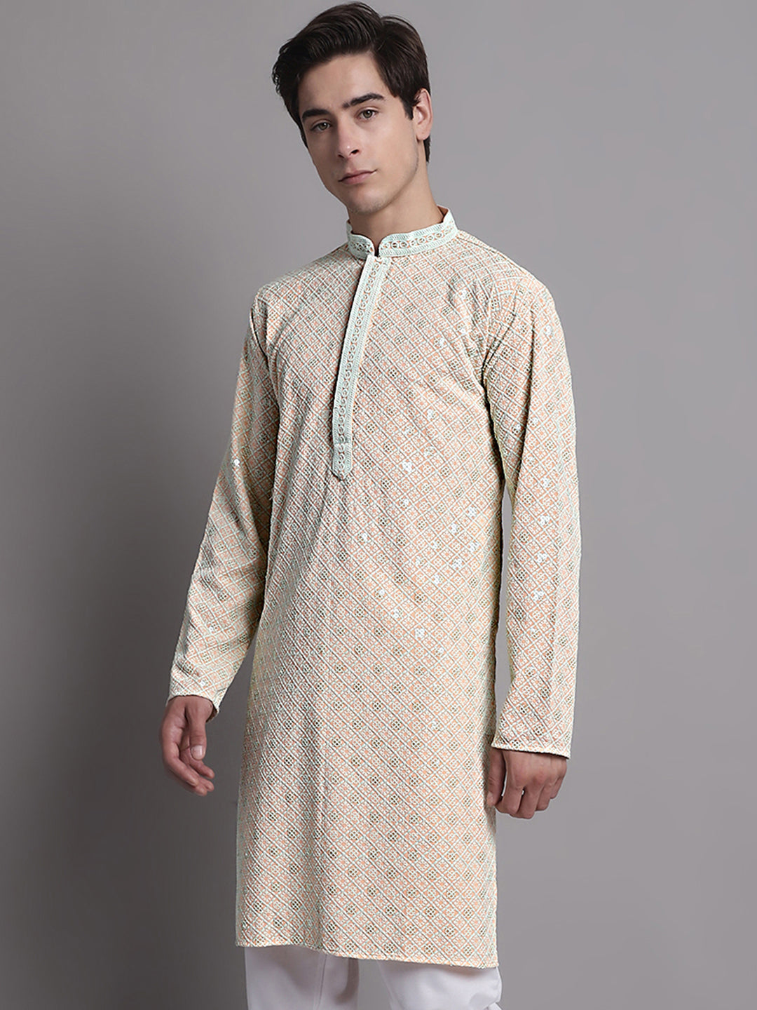 Jompers Men's Peach Chikankari Embroidered and Sequence Kurta | Grocsy