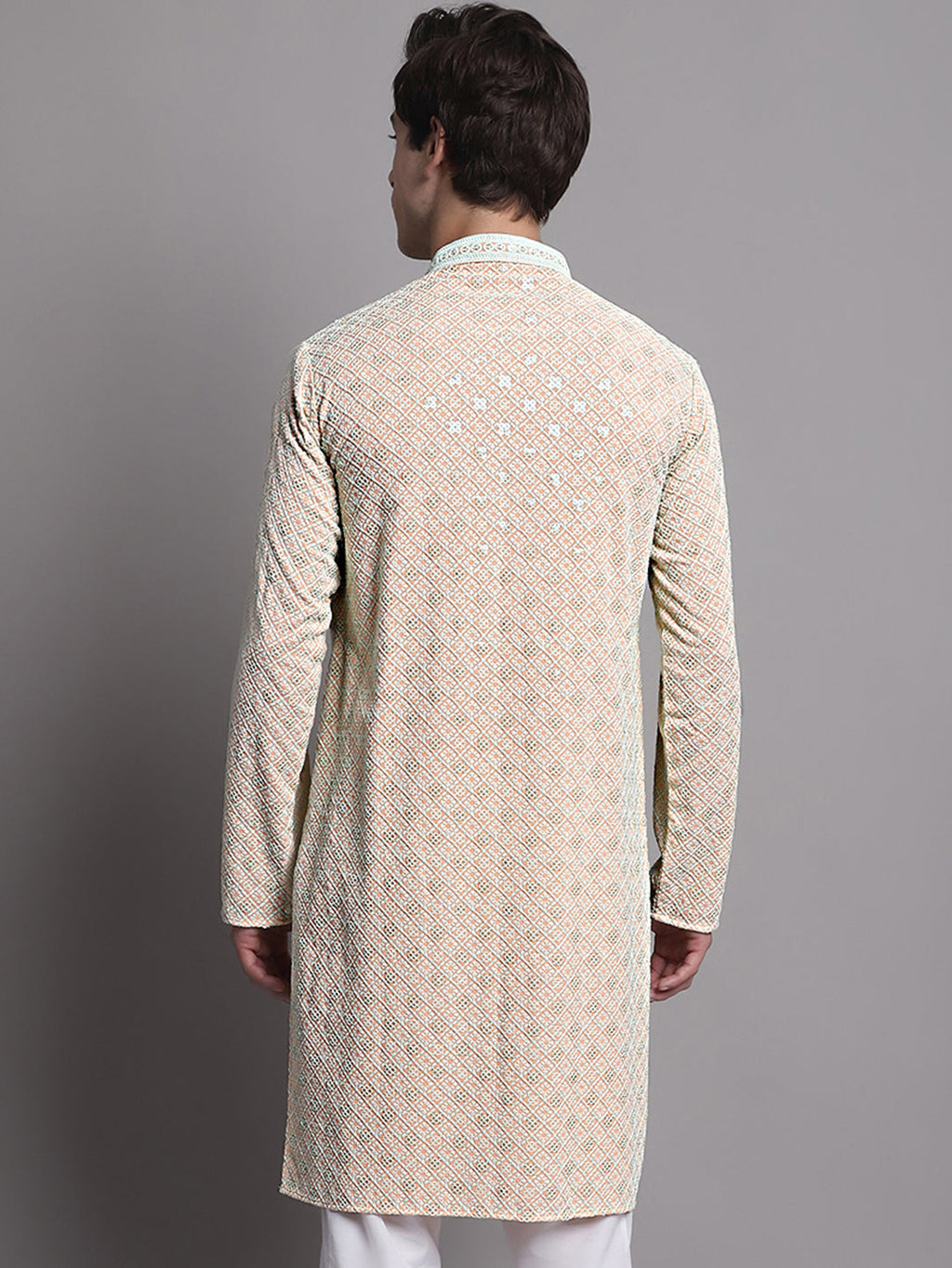 Jompers Men's Peach Chikankari Embroidered and Sequence Kurta | Grocsy