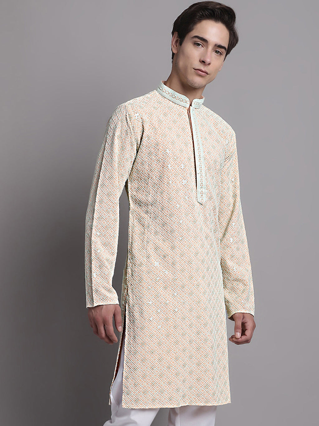 Jompers Men's Peach Chikankari Embroidered and Sequence Kurta | Grocsy