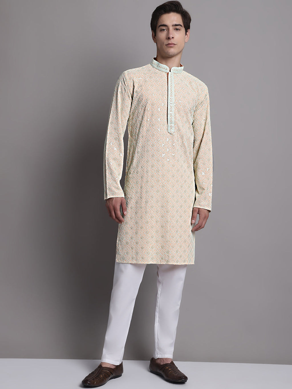 Jompers Men's Peach Chikankari Embroidered and Sequence Kurta | Grocsy