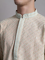 Jompers Men's Peach Chikankari Embroidered and Sequence Kurta | Grocsy