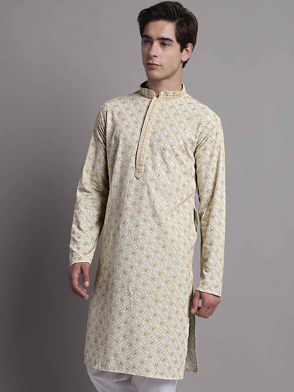 Jompers Men's Light Green Chikankari Embroidered and Sequence Kurta | Grocsy