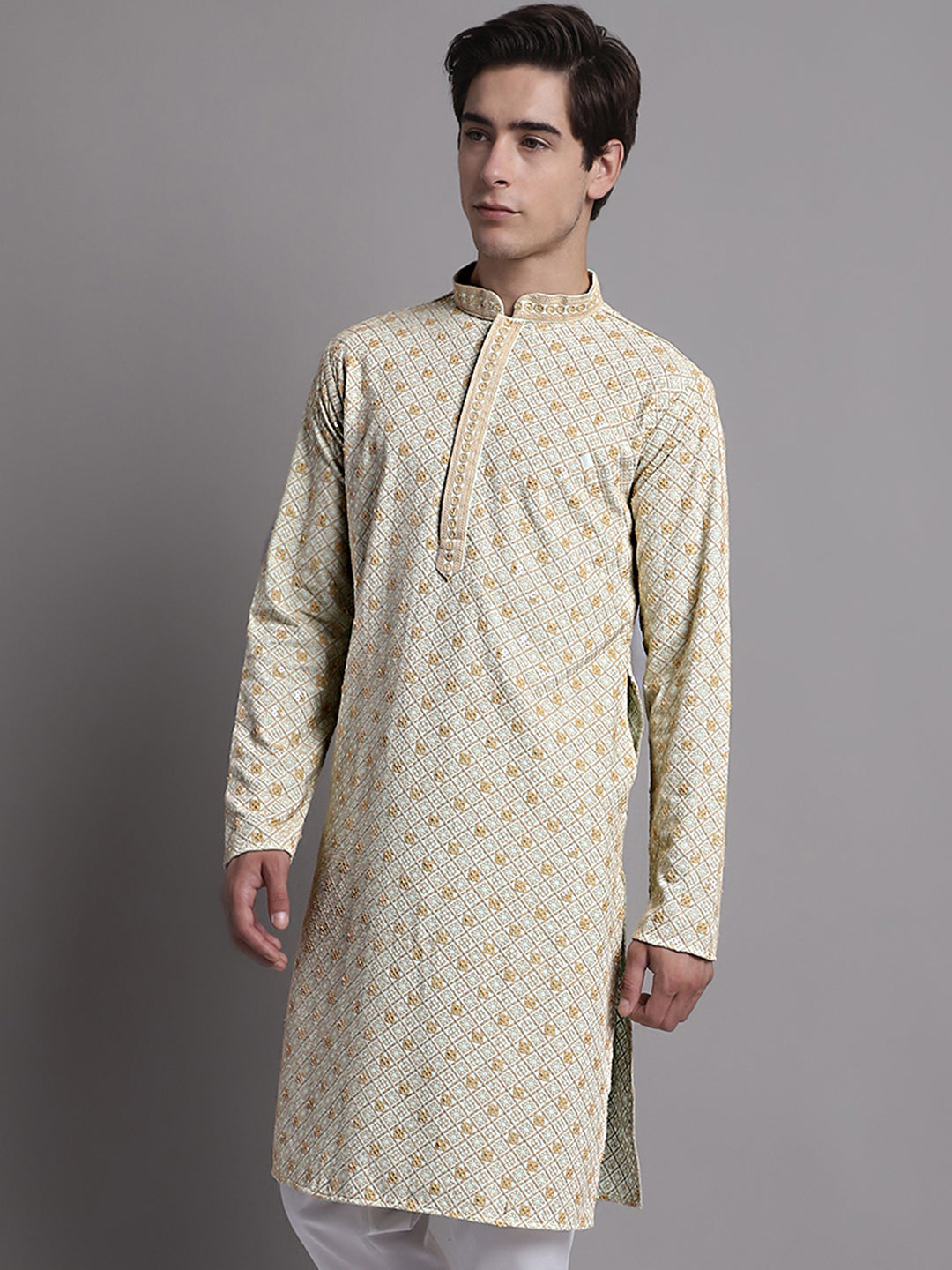Jompers Men's Light Green Chikankari Embroidered and Sequence Kurta | Grocsy
