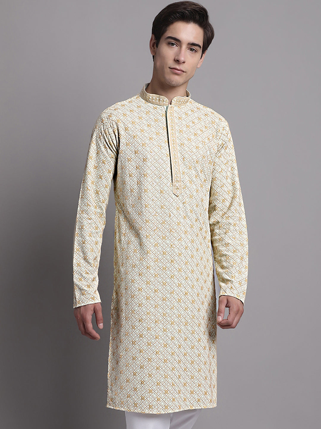 Jompers Men's Light Green Chikankari Embroidered and Sequence Kurta | Grocsy