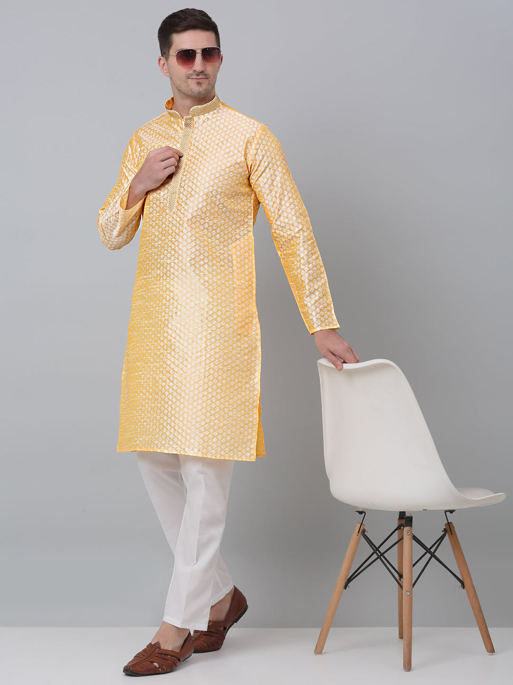 Jompers Men's Golden Collar Embroidered Kurta | Grocsy