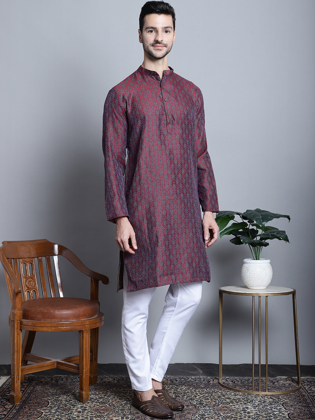 Jompers Men's Maroon Woven Design Kurta Only | Grocsy