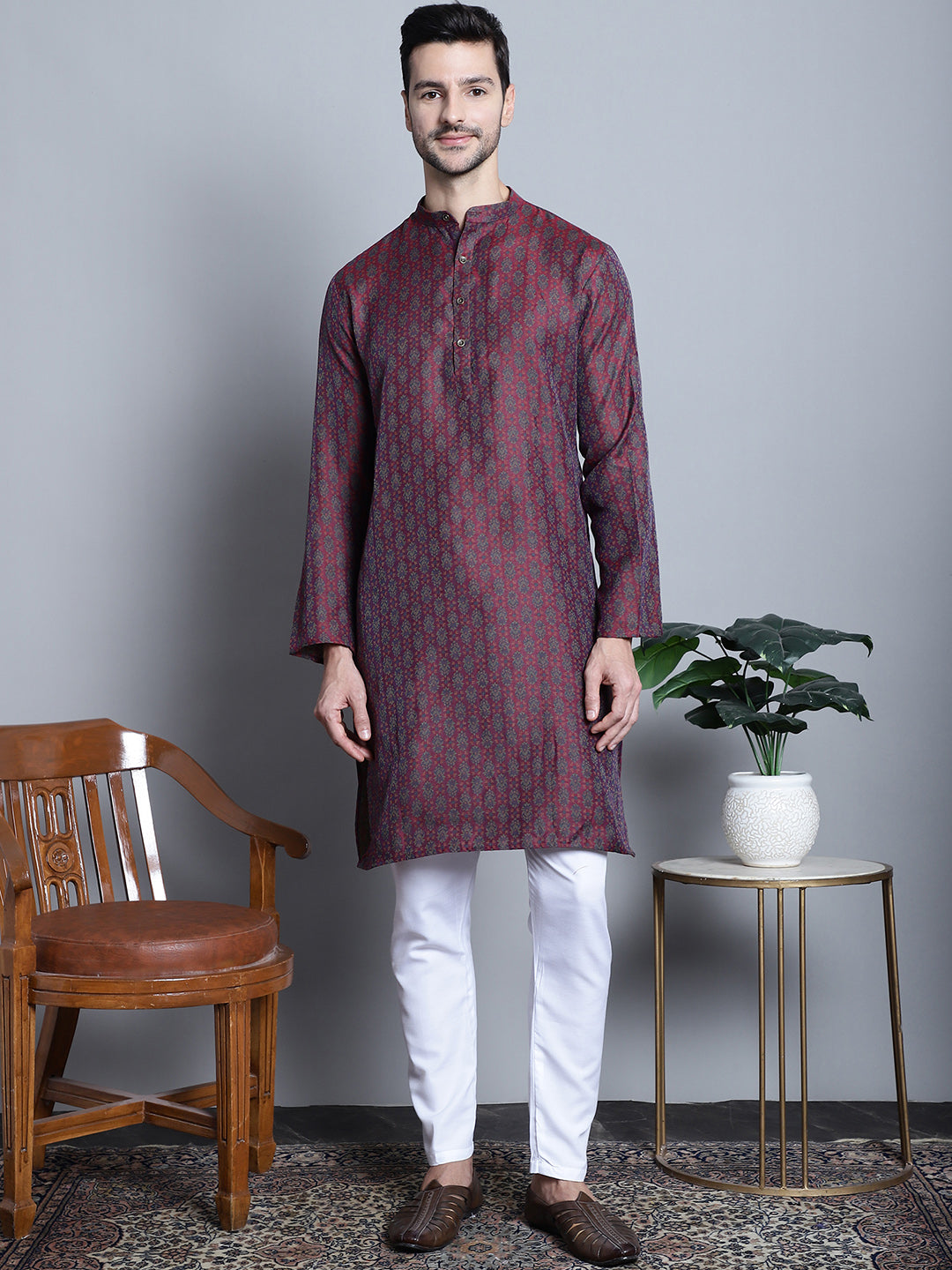 Jompers Men's Maroon Woven Design Kurta Only | Grocsy