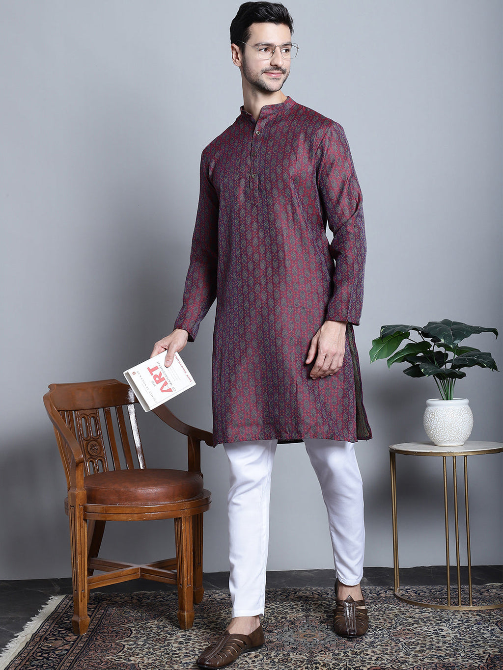 Jompers Men's Maroon Woven Design Kurta Only | Grocsy