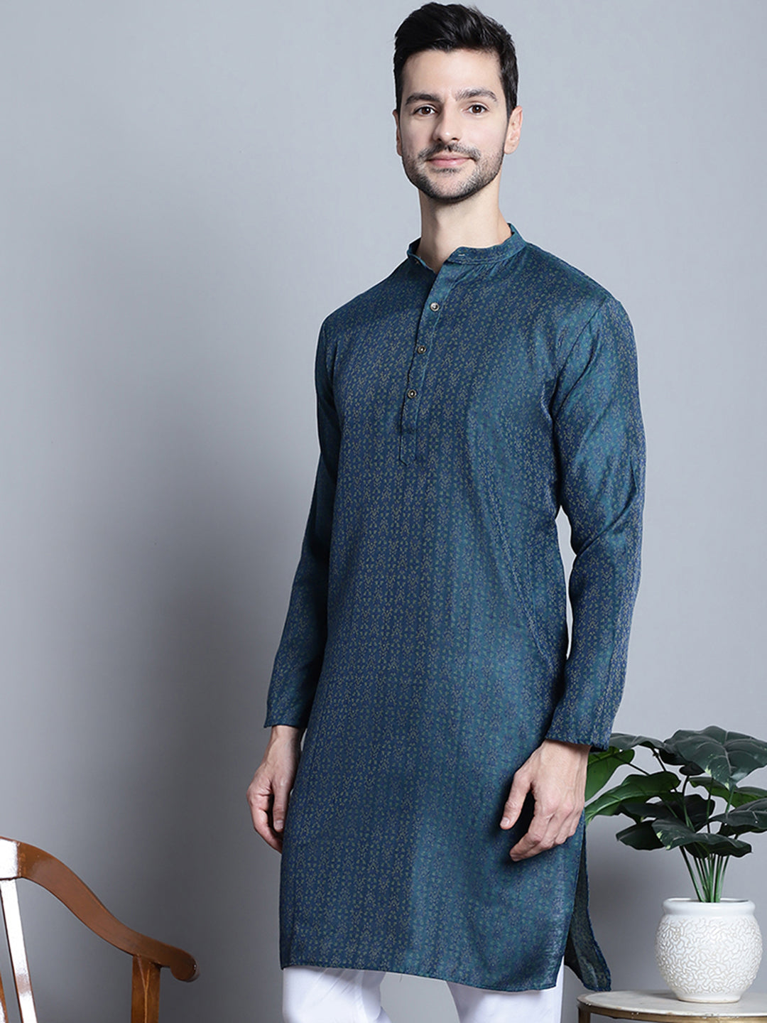 Jompers Men's Navy Blue Woven Design Kurta Only | Grocsy