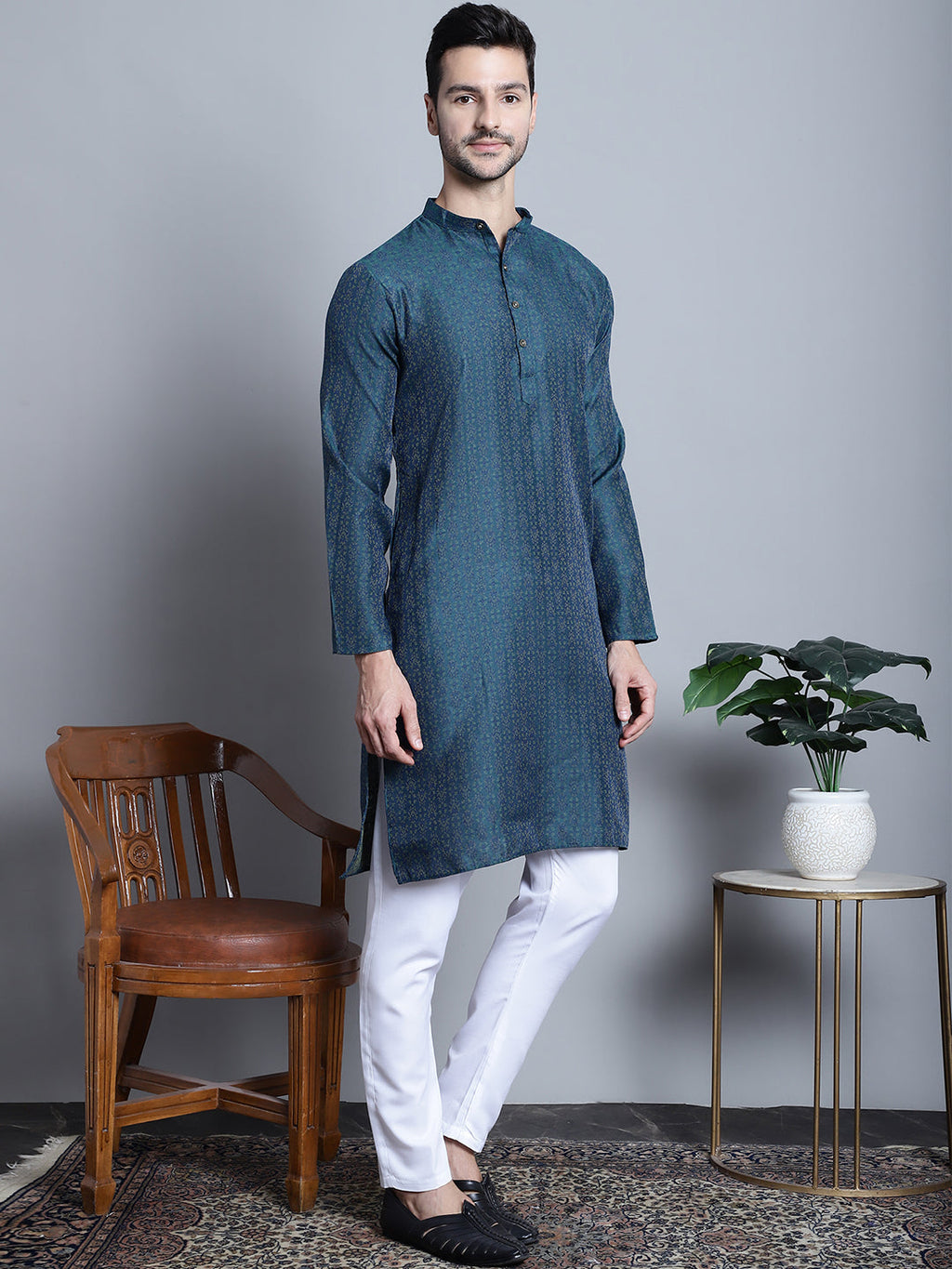 Jompers Men's Navy Blue Woven Design Kurta Only | Grocsy