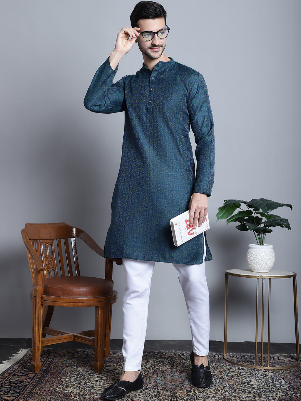 Jompers Men's Navy Blue Woven Design Kurta Only | Grocsy