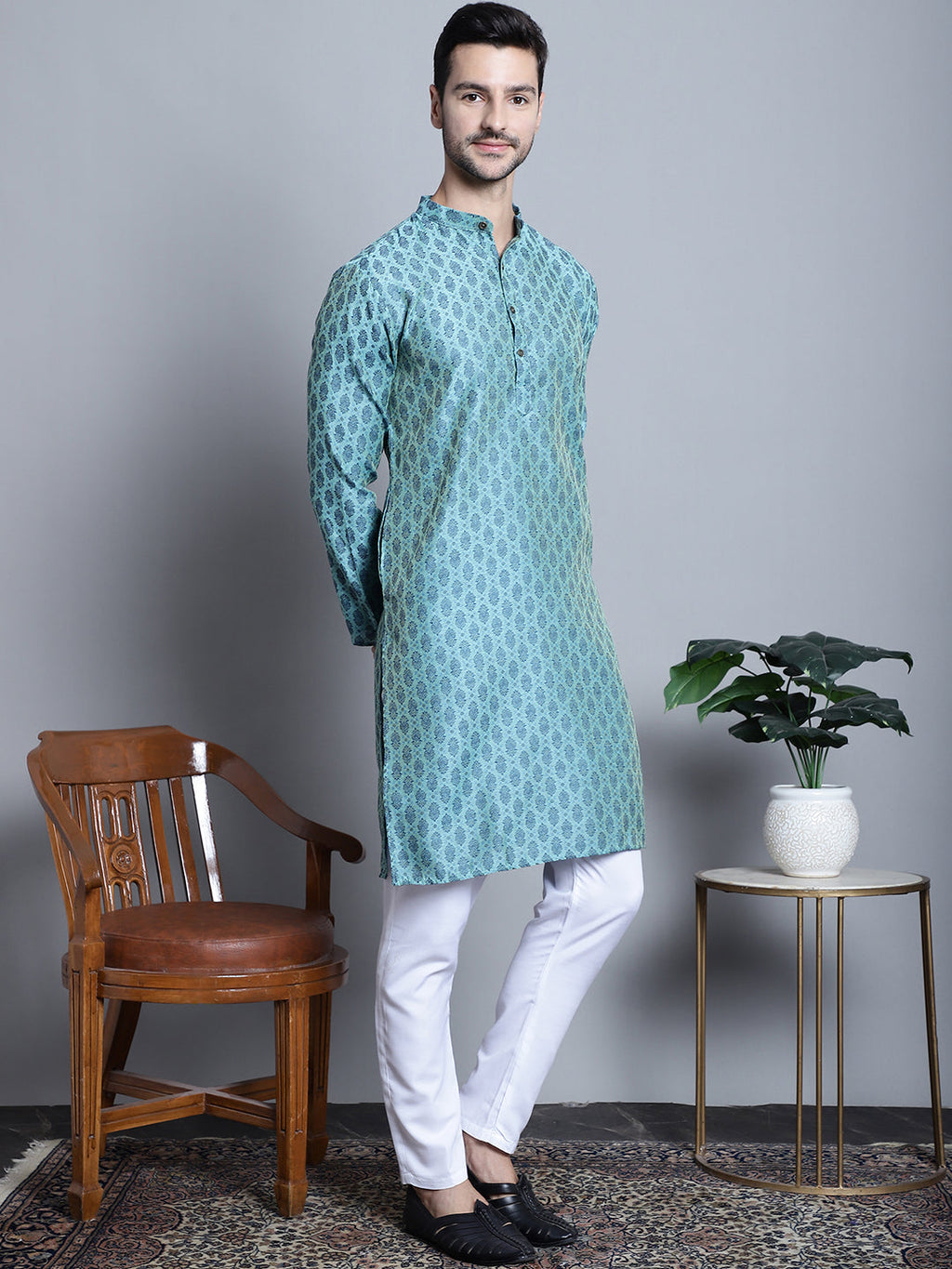 Jompers Men's Blue Woven Design Kurta Only | Grocsy
