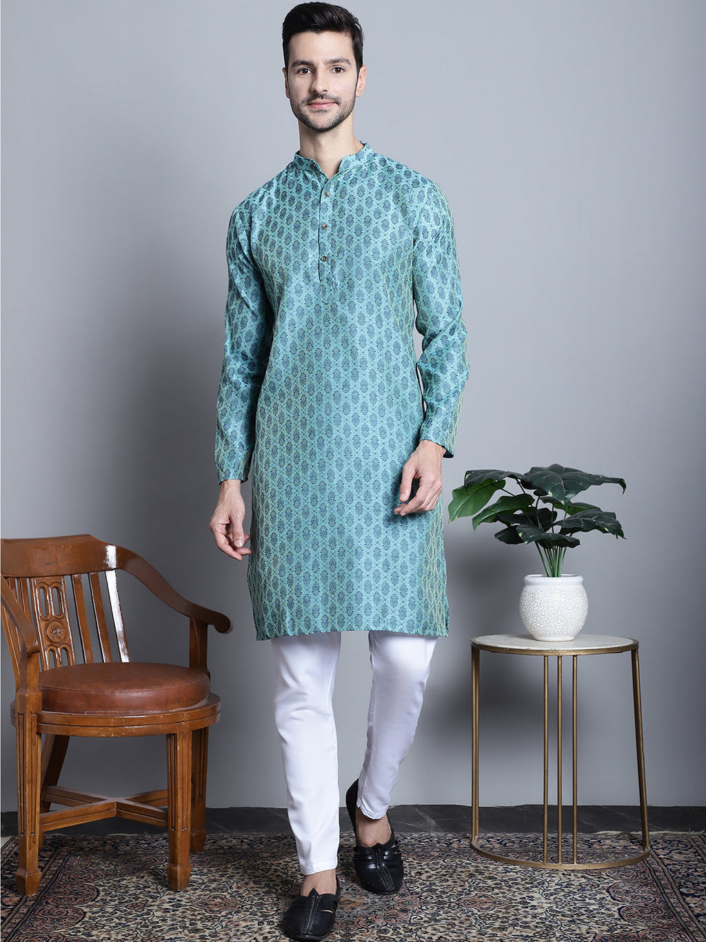 Jompers Men's Blue Woven Design Kurta Only | Grocsy