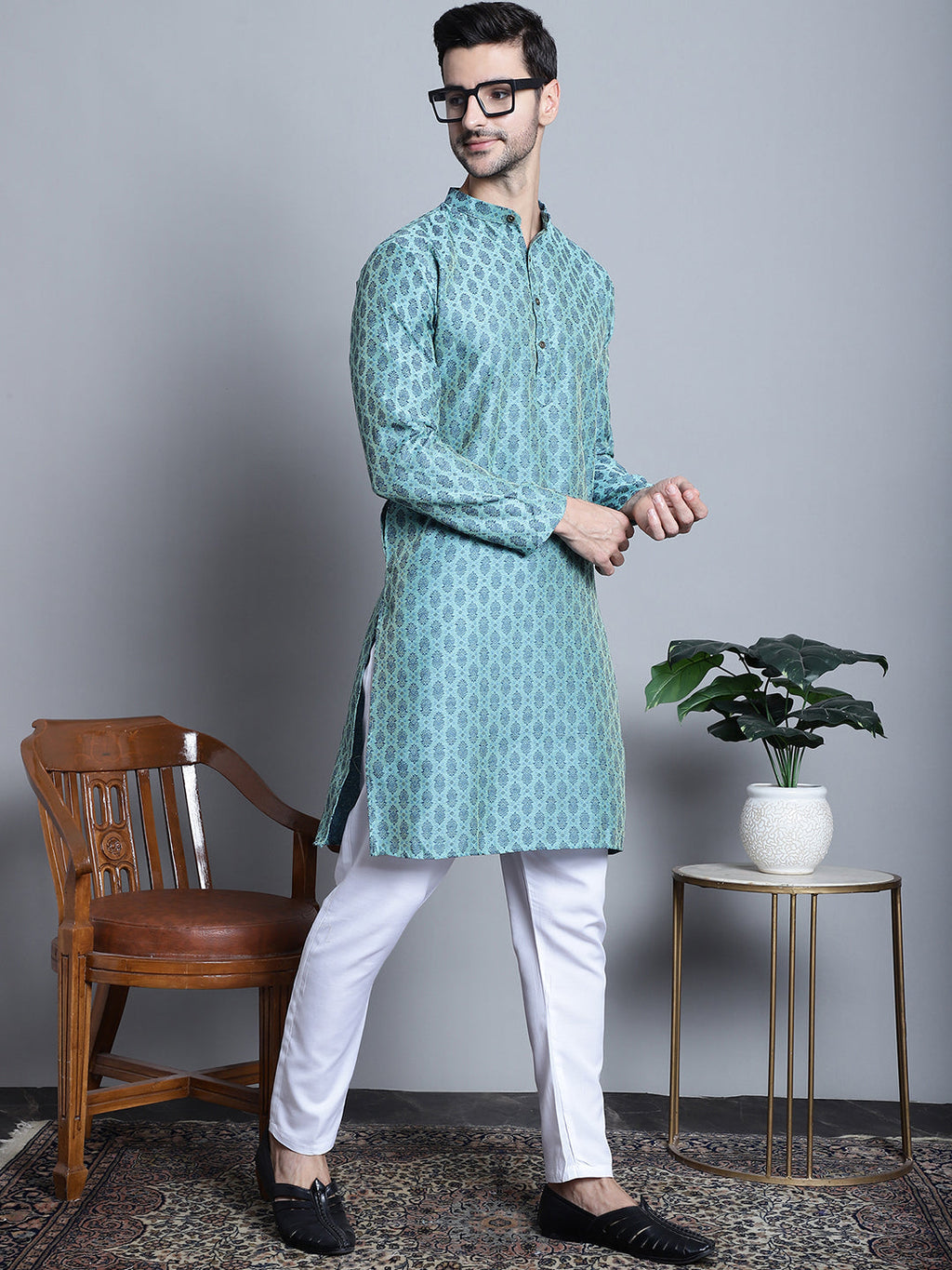 Jompers Men's Blue Woven Design Kurta Only | Grocsy