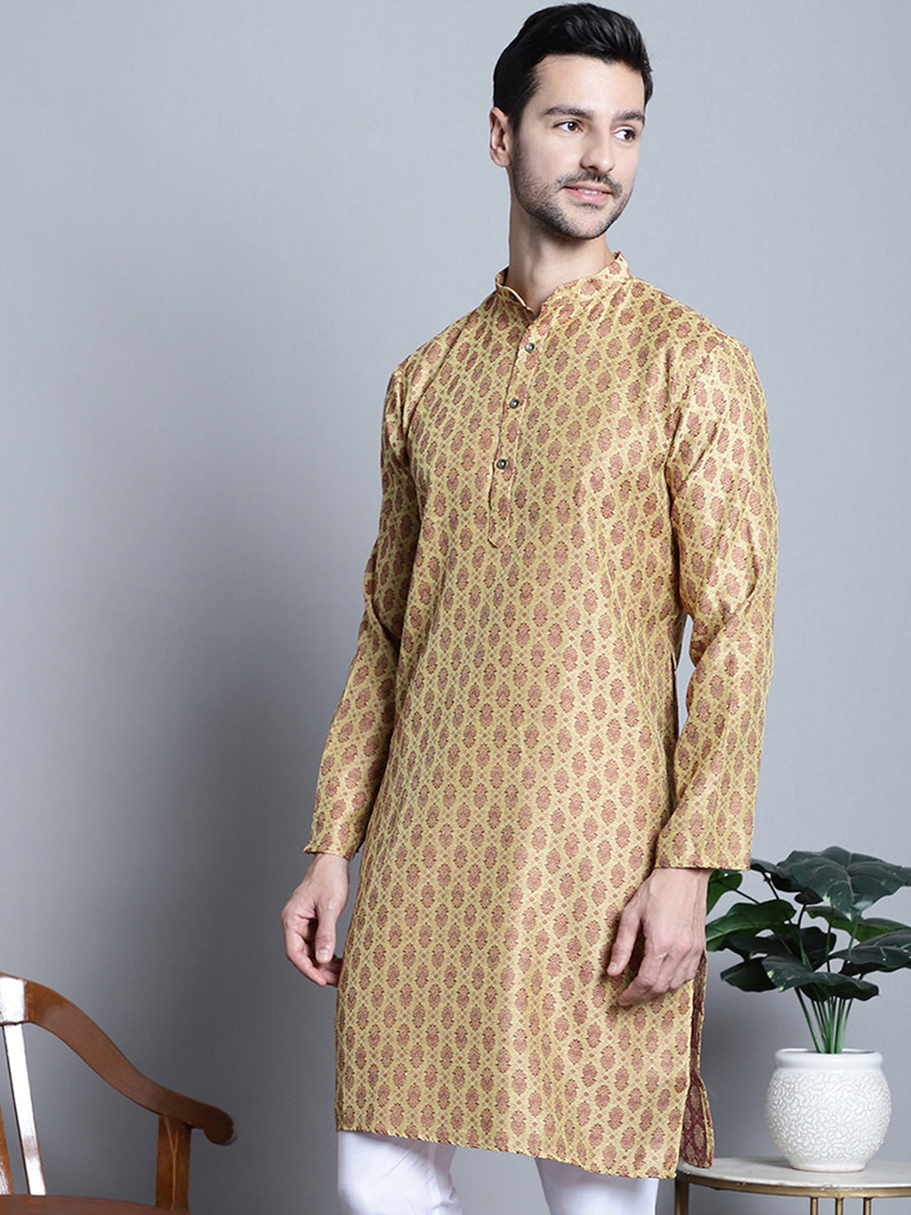 Jompers Men's Yellow Woven Design Kurta Only | Grocsy
