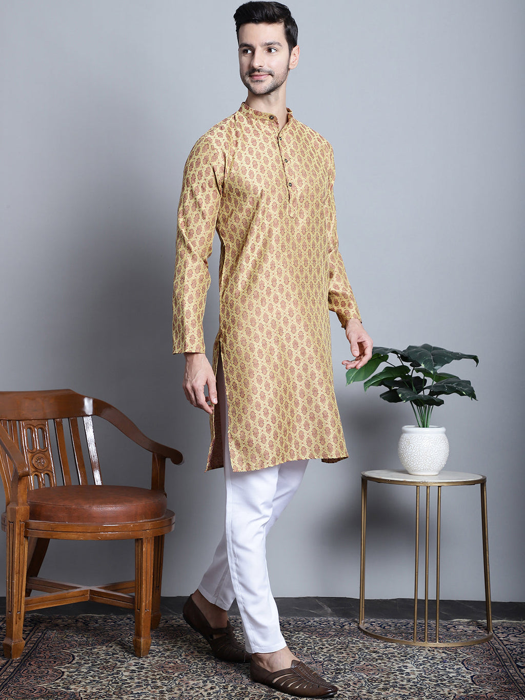 Jompers Men's Yellow Woven Design Kurta Only | Grocsy