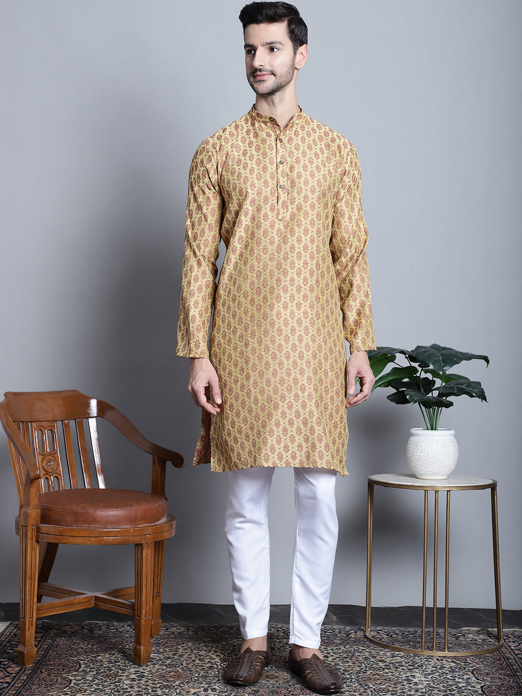 Jompers Men's Yellow Woven Design Kurta Only | Grocsy