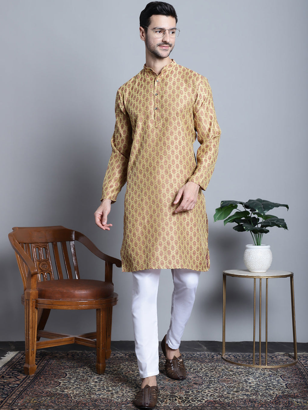 Jompers Men's Yellow Woven Design Kurta Only | Grocsy