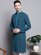 Jompers Men's Sequin Embroidered Pure Cotton Kurta - Blue | Grocsy