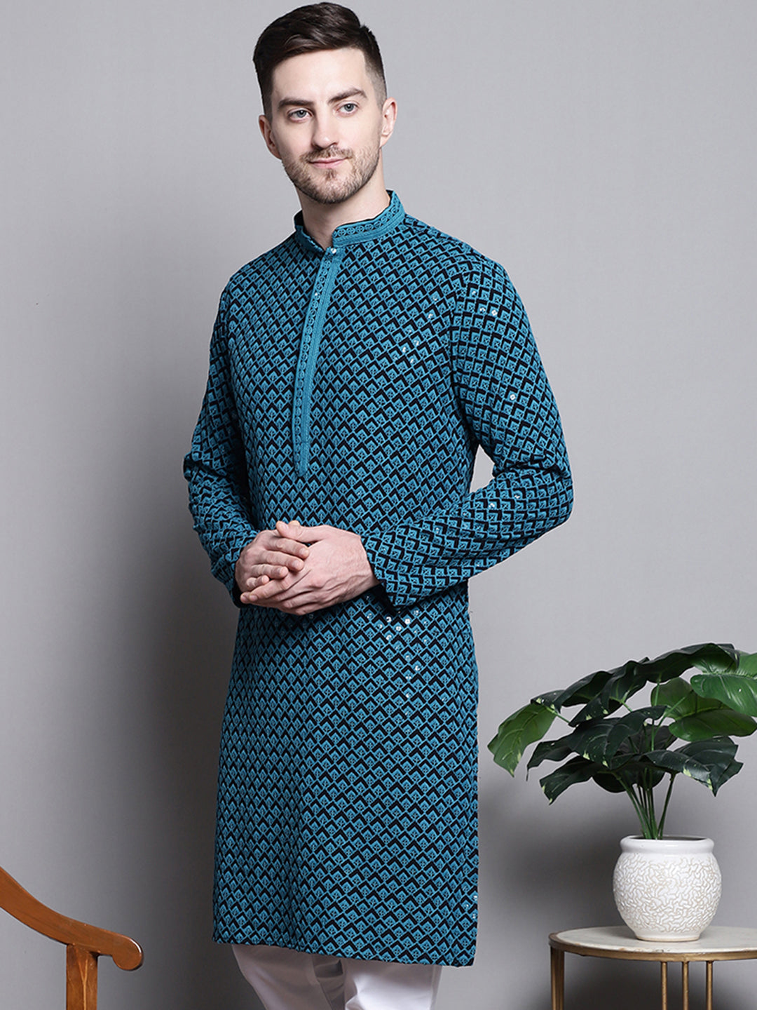 Jompers Men's Sequin Embroidered Pure Cotton Kurta - Blue | Grocsy