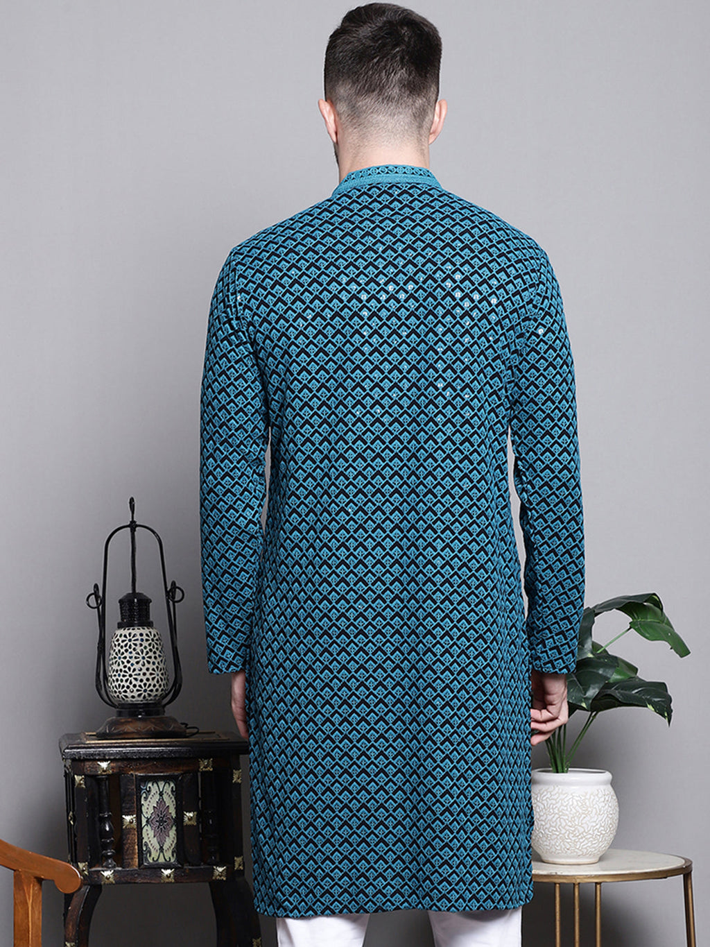 Jompers Men's Sequin Embroidered Pure Cotton Kurta - Blue | Grocsy