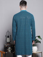Jompers Men's Sequin Embroidered Pure Cotton Kurta - Blue | Grocsy