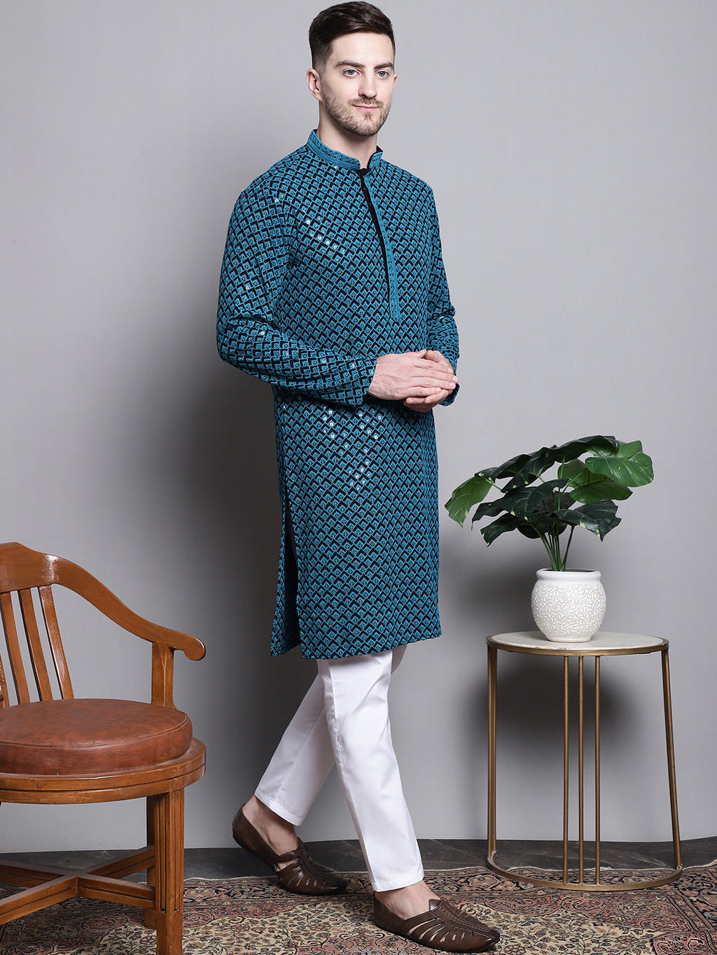 Jompers Men's Sequin Embroidered Pure Cotton Kurta - Blue | Grocsy