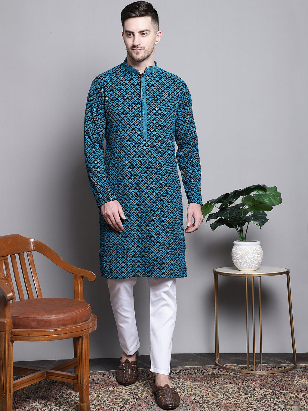 Jompers Men's Sequin Embroidered Pure Cotton Kurta - Blue | Grocsy