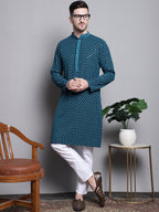 Jompers Men's Sequin Embroidered Pure Cotton Kurta - Blue | Grocsy