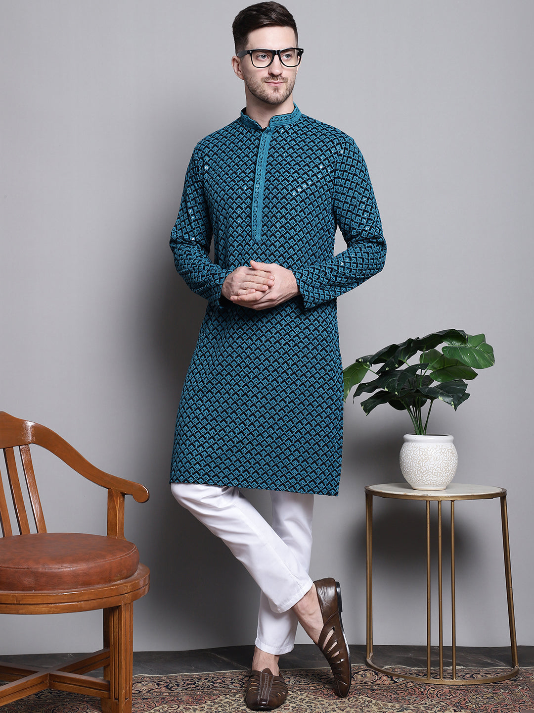 Jompers Men's Sequin Embroidered Pure Cotton Kurta - Blue | Grocsy