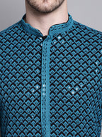 Jompers Men's Sequin Embroidered Pure Cotton Kurta - Blue | Grocsy