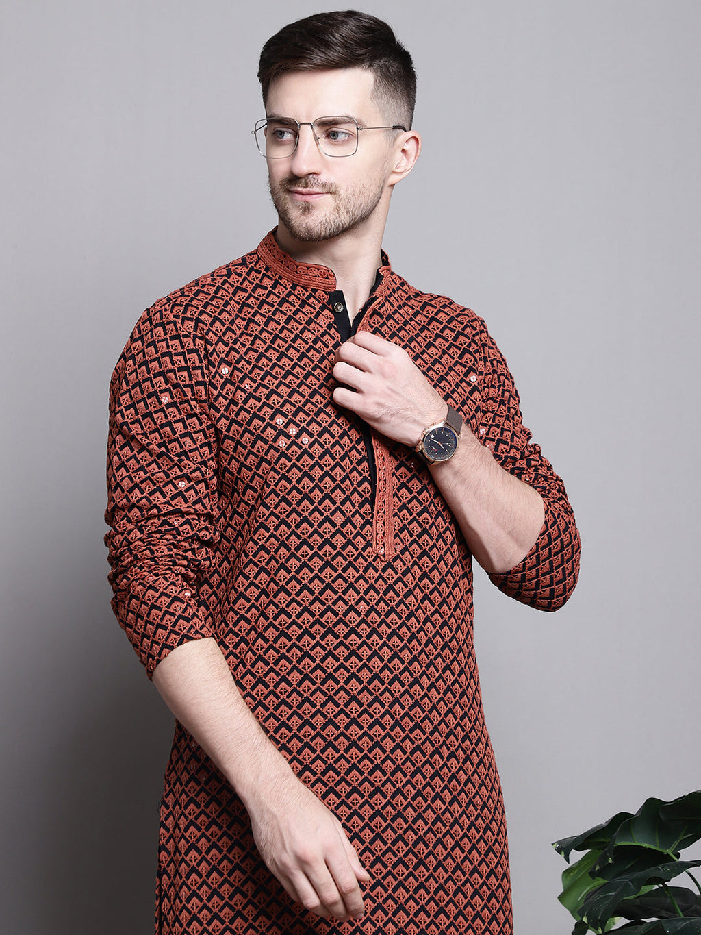 Jompers Men's Sequin Embroidered Pure Cotton Kurta - Orange | Grocsy
