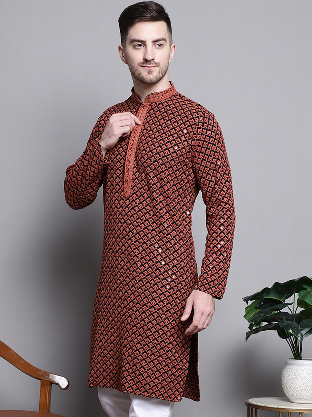 Jompers Men's Sequin Embroidered Pure Cotton Kurta - Orange | Grocsy