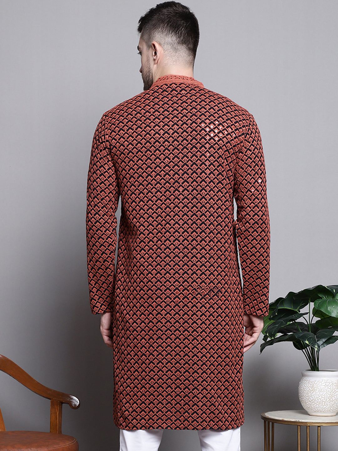 Jompers Men's Sequin Embroidered Pure Cotton Kurta - Orange | Grocsy