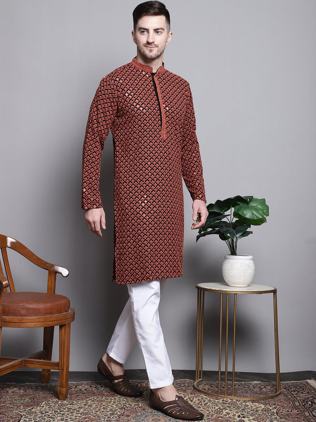 Jompers Men's Sequin Embroidered Pure Cotton Kurta - Orange | Grocsy