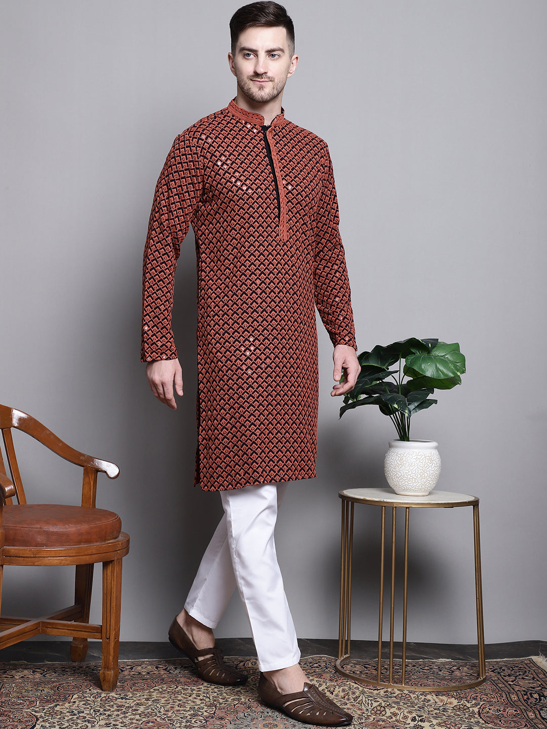 Jompers Men's Sequin Embroidered Pure Cotton Kurta - Orange | Grocsy