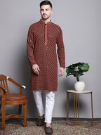 Jompers Men's Sequin Embroidered Pure Cotton Kurta - Orange | Grocsy