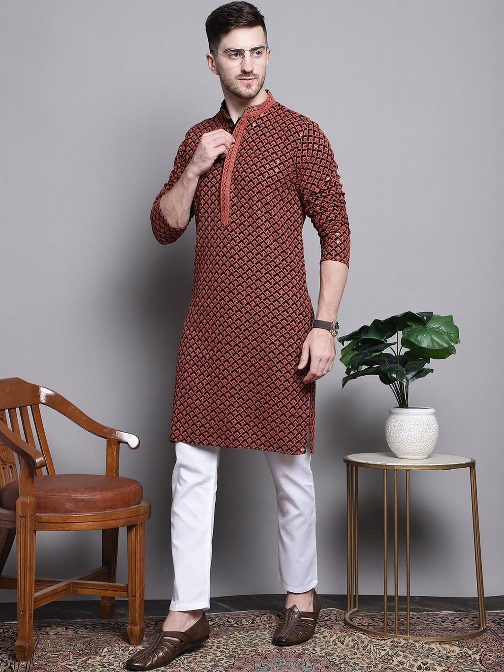 Jompers Men's Sequin Embroidered Pure Cotton Kurta - Orange | Grocsy