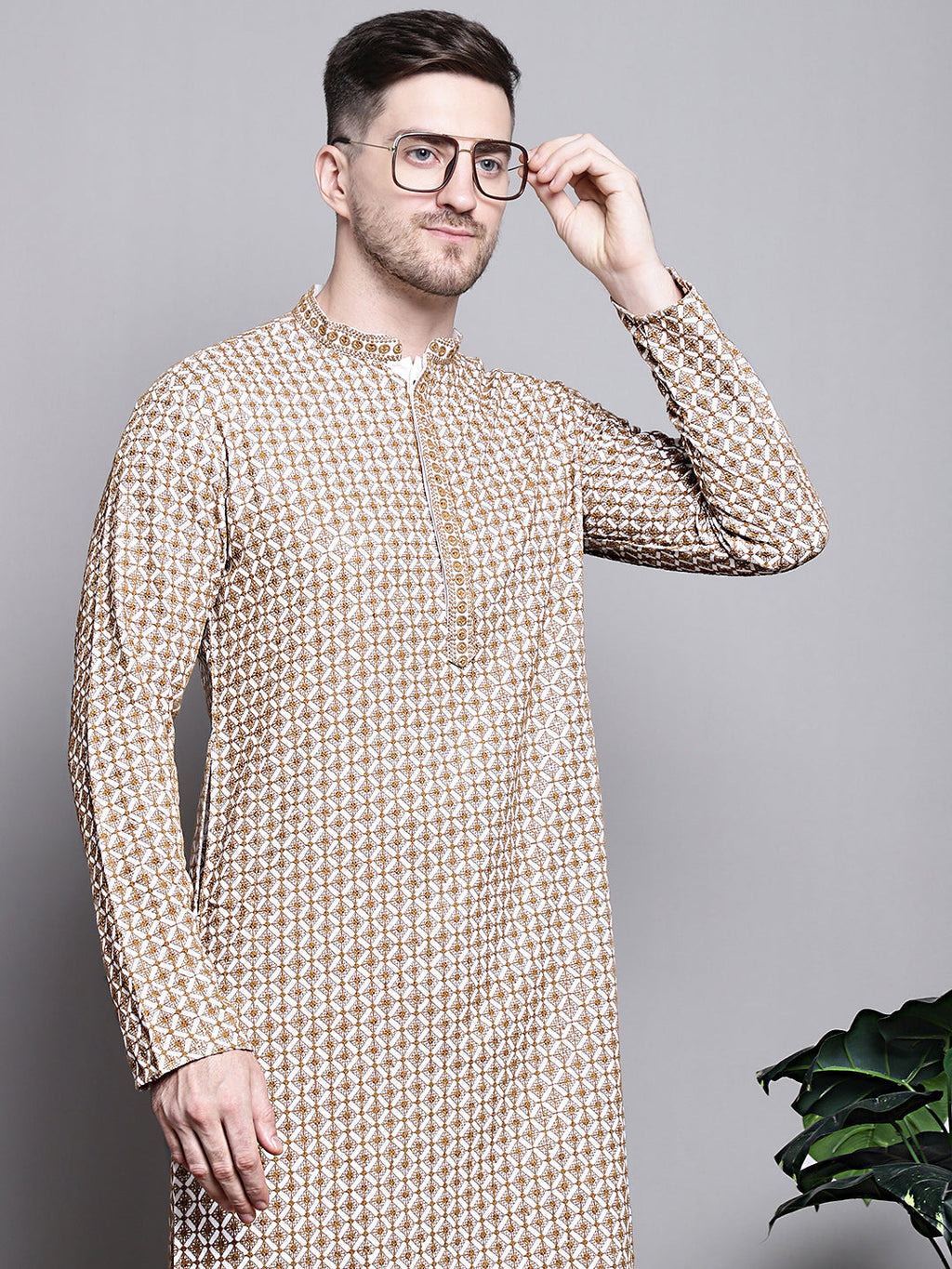 Jompers Men's Sequin Embroidered Pure Cotton Kurta - Cream | Grocsy