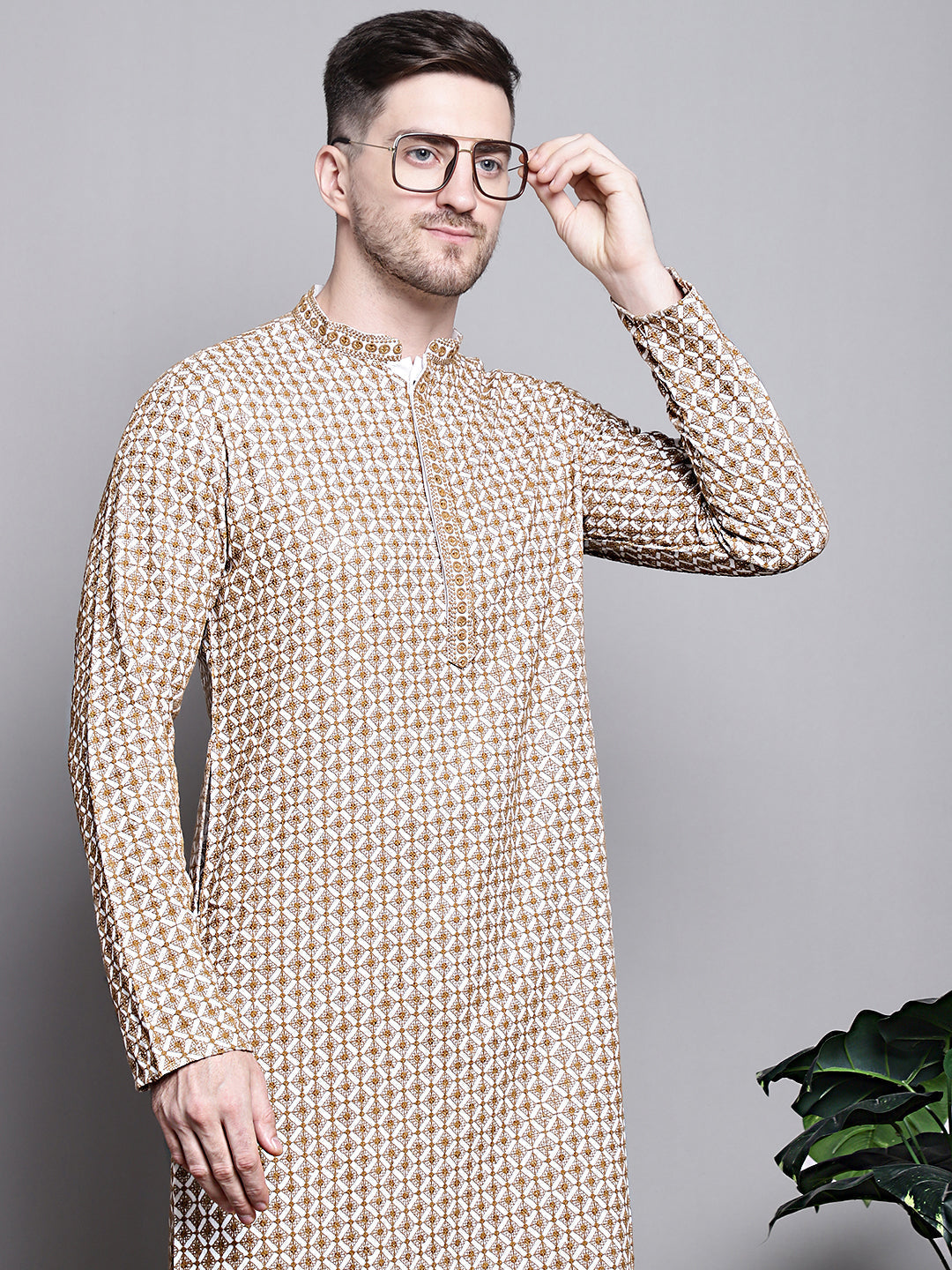 Jompers Men's Sequin Embroidered Pure Cotton Kurta - Cream | Grocsy