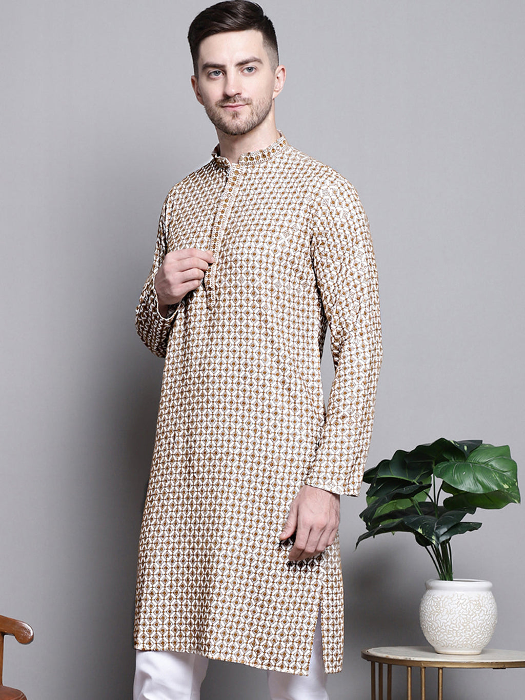 Jompers Men's Sequin Embroidered Pure Cotton Kurta - Cream | Grocsy