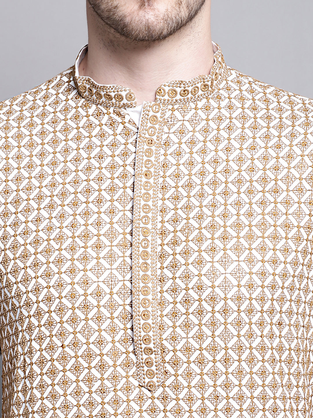 Jompers Men's Sequin Embroidered Pure Cotton Kurta - Cream | Grocsy