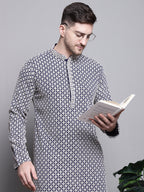 Jompers Men's Sequin Embroidered Pure Cotton Kurta - Navy Blue | Grocsy