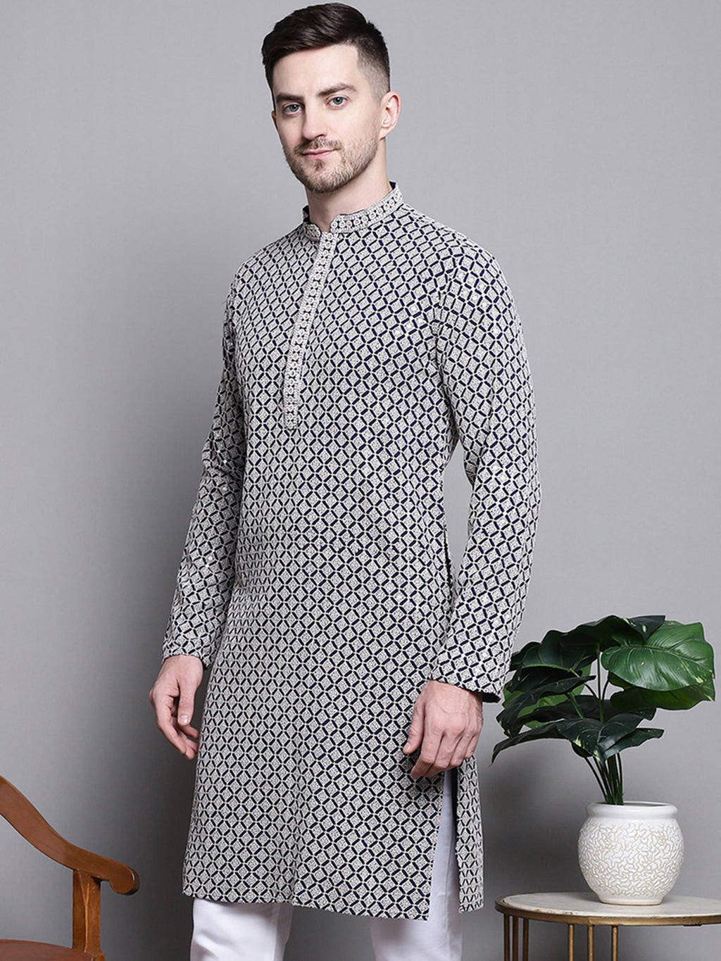 Jompers Men's Sequin Embroidered Pure Cotton Kurta - Navy Blue | Grocsy