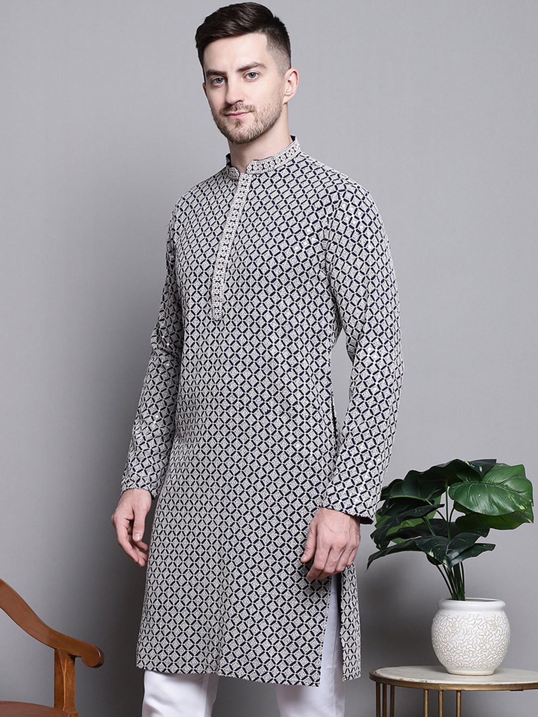 Jompers Men's Sequin Embroidered Pure Cotton Kurta - Navy Blue | Grocsy
