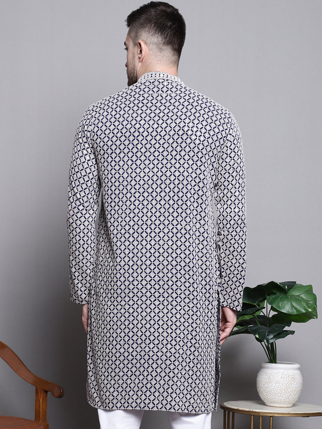 Jompers Men's Sequin Embroidered Pure Cotton Kurta - Navy Blue | Grocsy