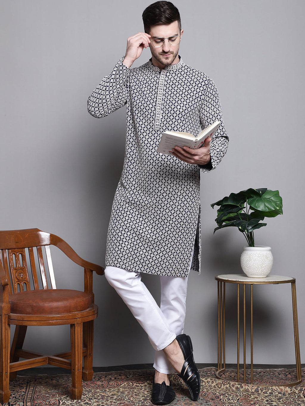 Jompers Men's Sequin Embroidered Pure Cotton Kurta - Navy Blue | Grocsy