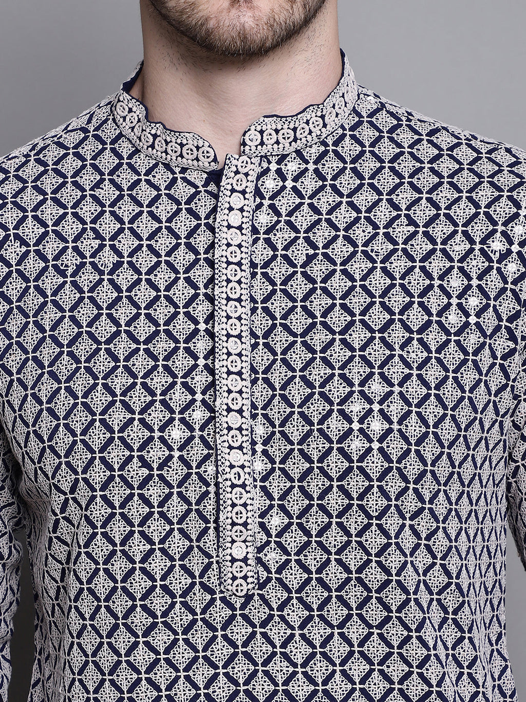 Jompers Men's Sequin Embroidered Pure Cotton Kurta - Navy Blue | Grocsy